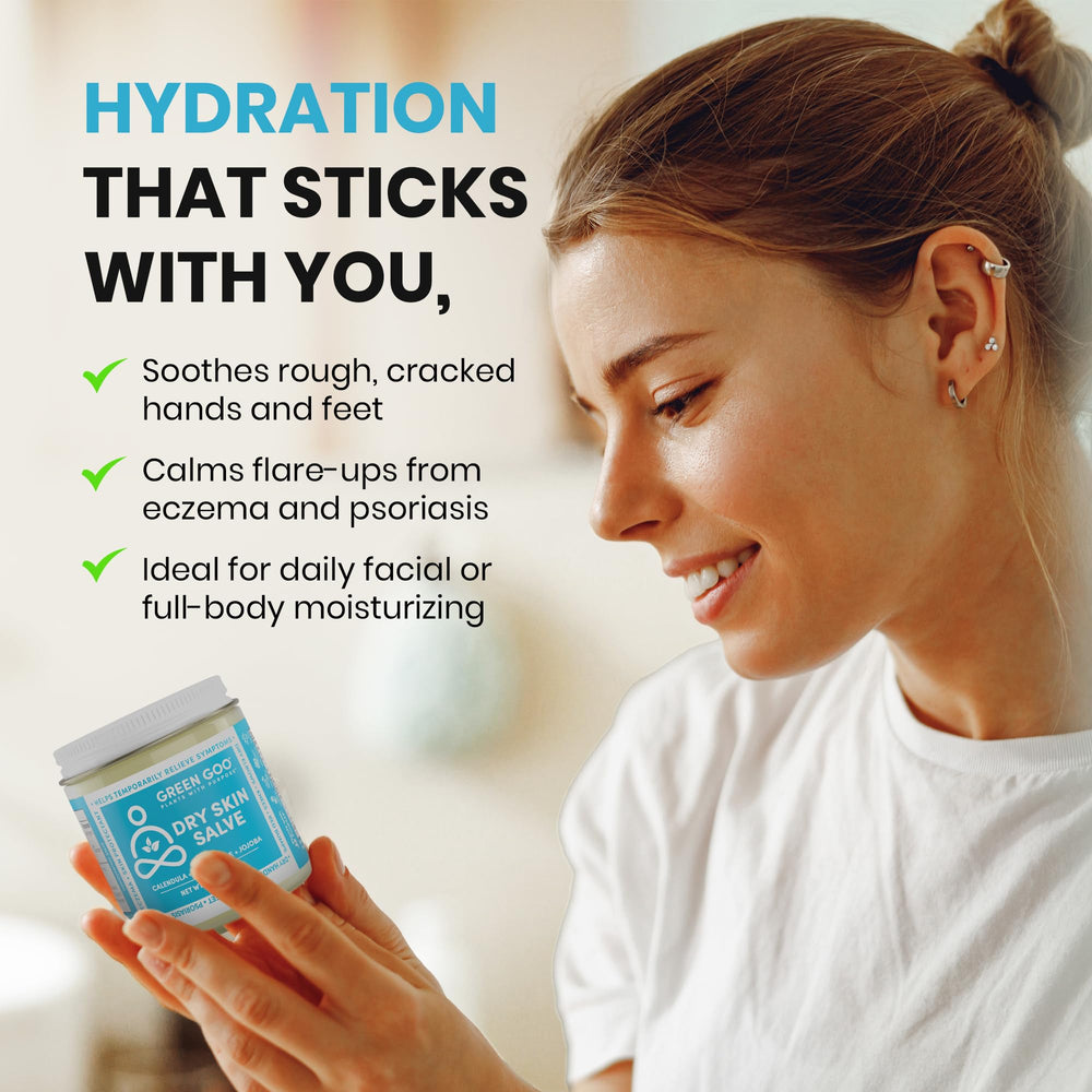 Green Goo Dry Skin Salve label emphasizes natural ingredients