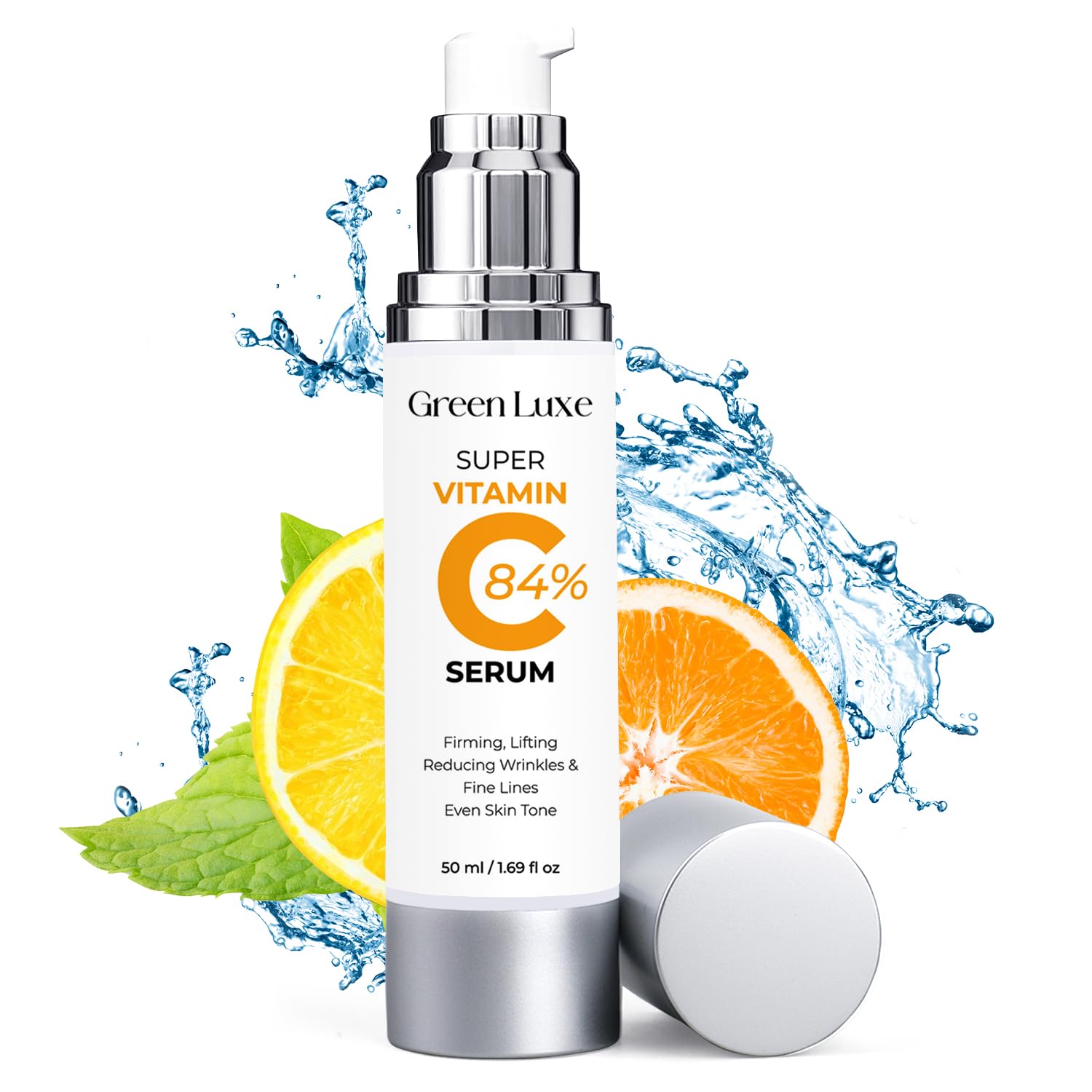 Green Luxe Super Vitamin C Serum bottle pour showing quick absorption and hydration.