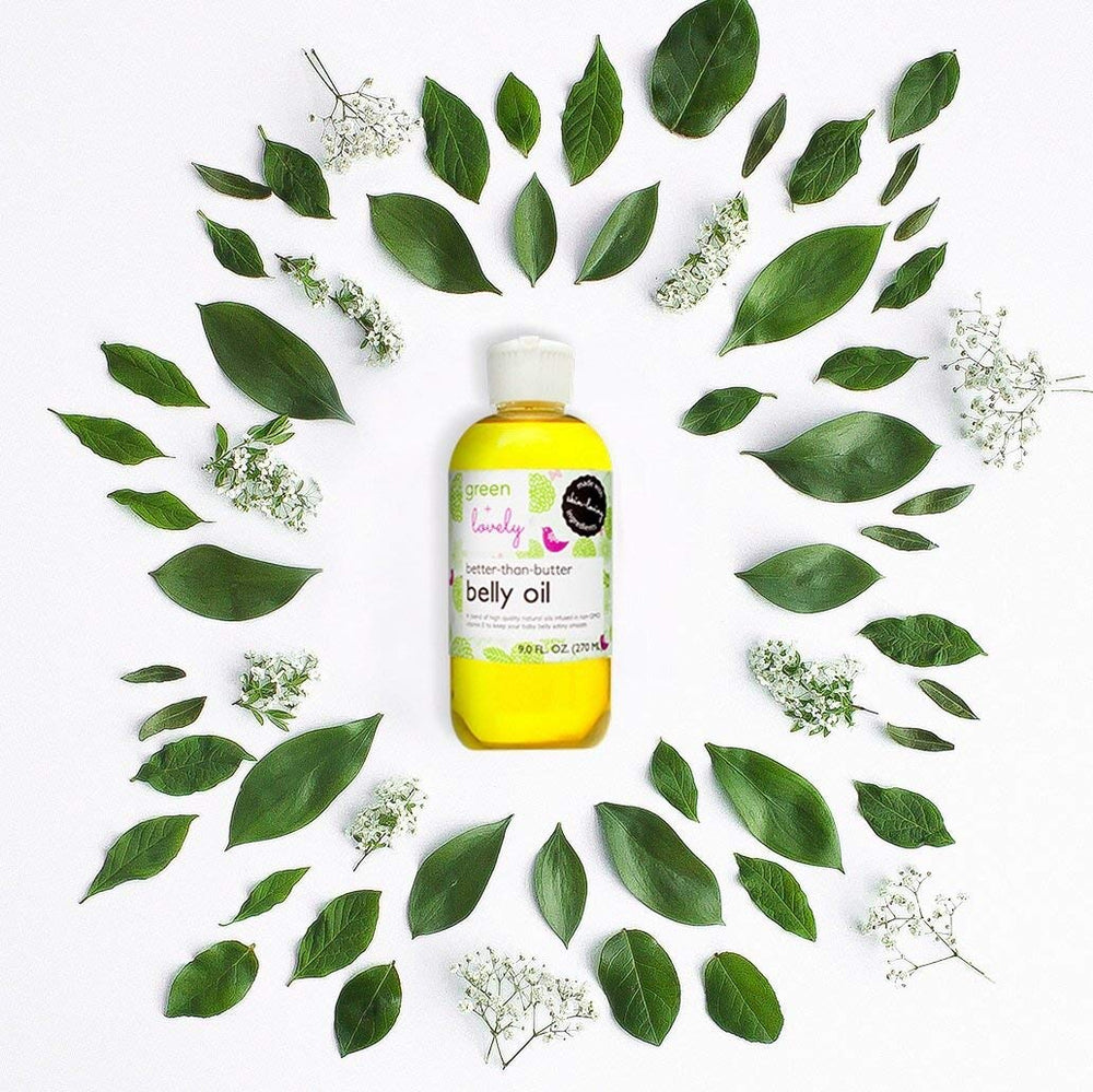 Green + Lovely Belly Oil applied after shower absorbs easily.