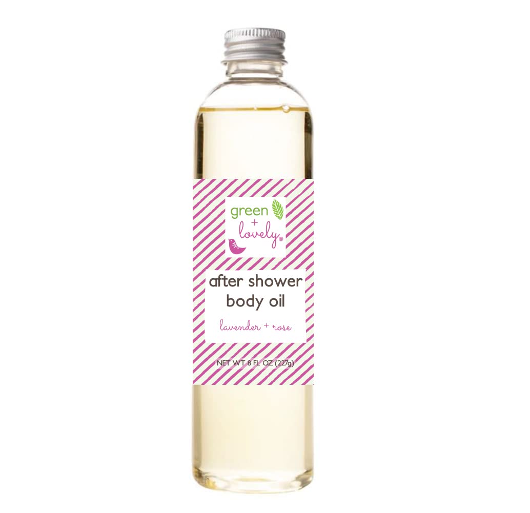 Green + Lovely body oil after shower pump for quick moisture and soft skin.
