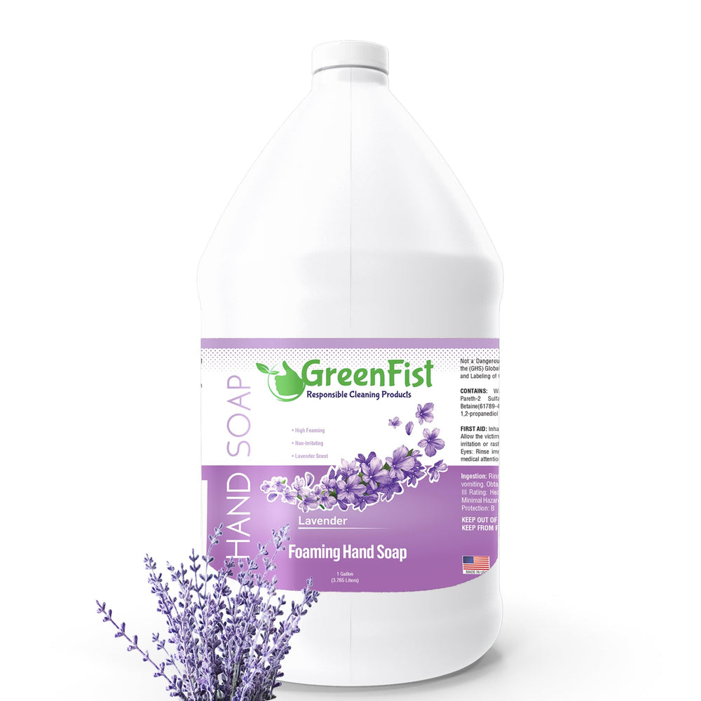 GreenFist lavender foaming hand soap being poured for gentle cleansing