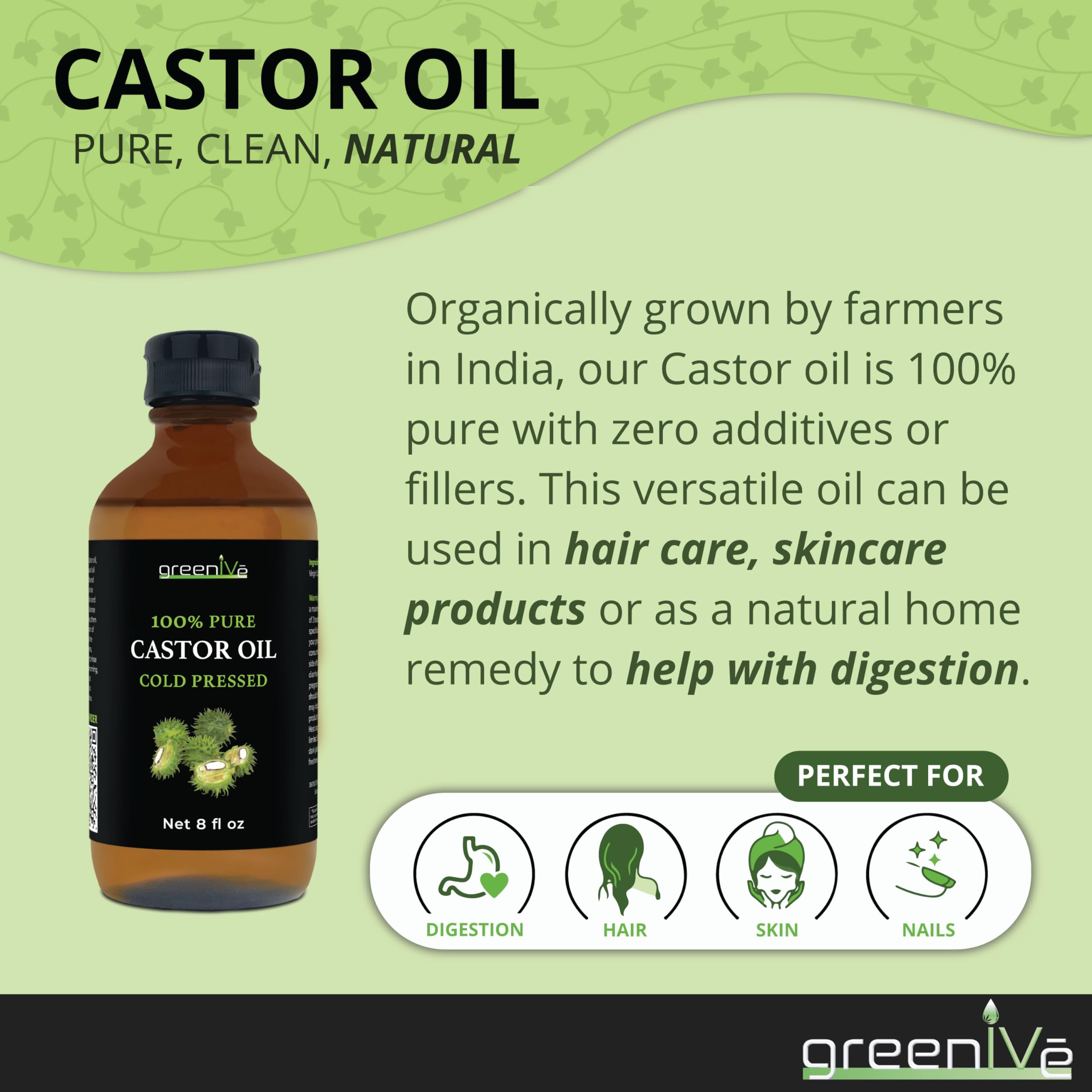 GreenIVe Castor Oil on lashes and brows suggests a natural care routine