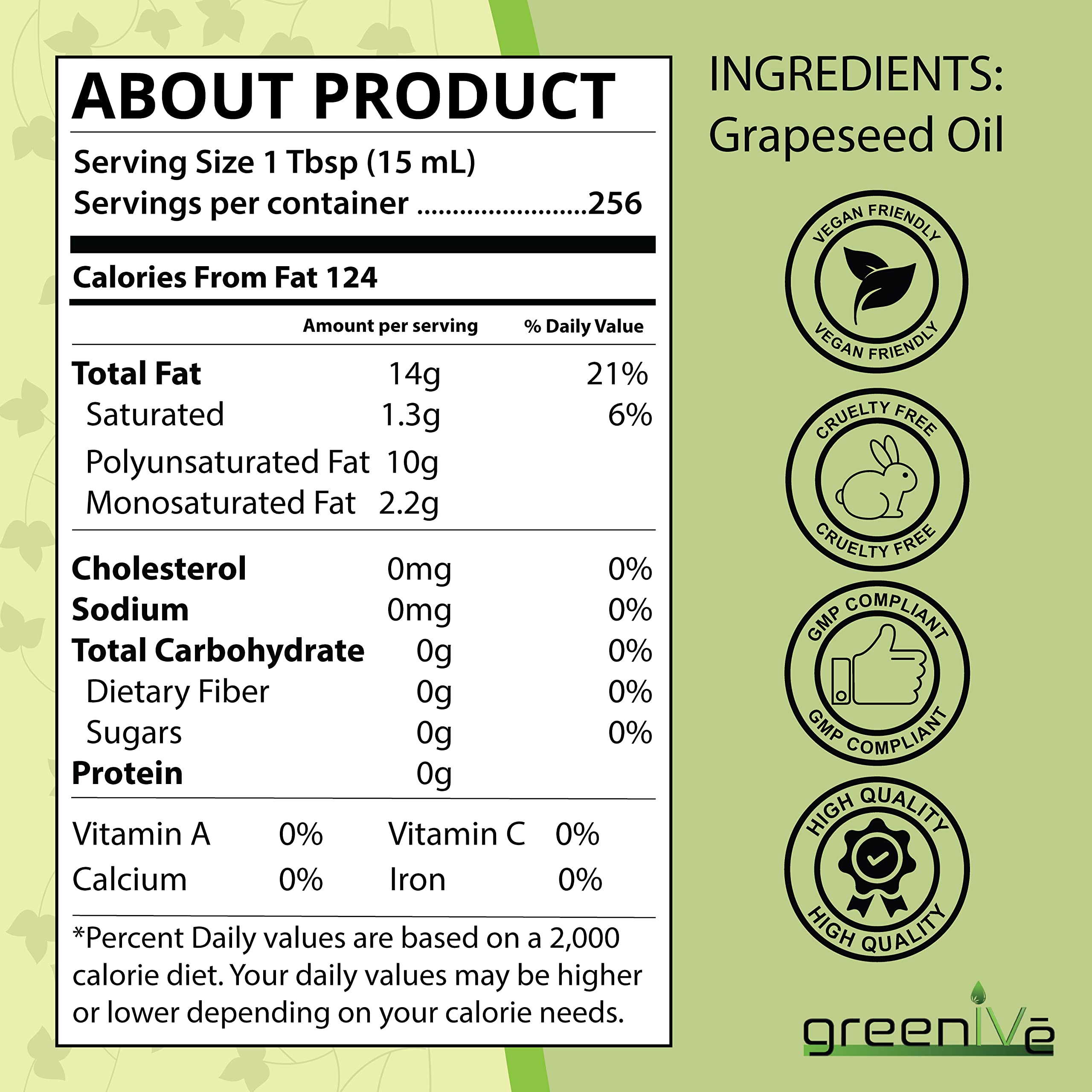 GreenIVe Grapeseed Oil bottle side view highlighting purity and organic sourcing