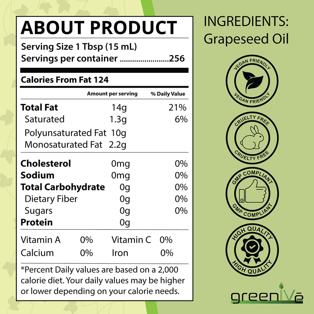 GreenIVe Grapeseed Oil bottle side view highlighting purity and organic sourcing