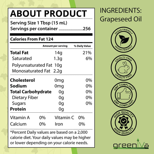 GreenIVe Grapeseed Oil bottle side view highlighting purity and organic sourcing