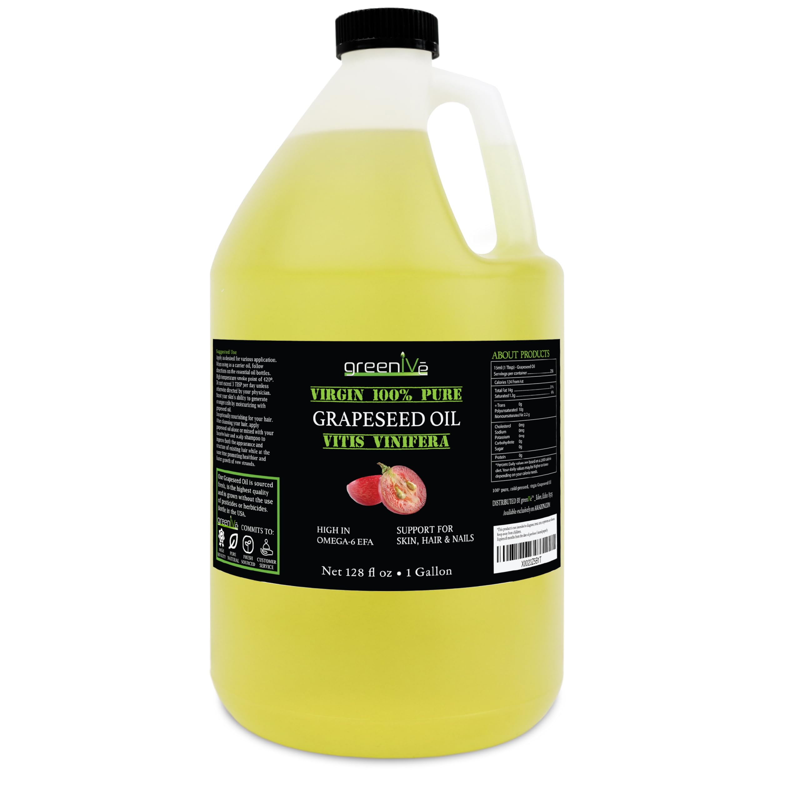 GreenIVe Grapeseed Oil label closeup shows 100% pure, cold-pressed quality