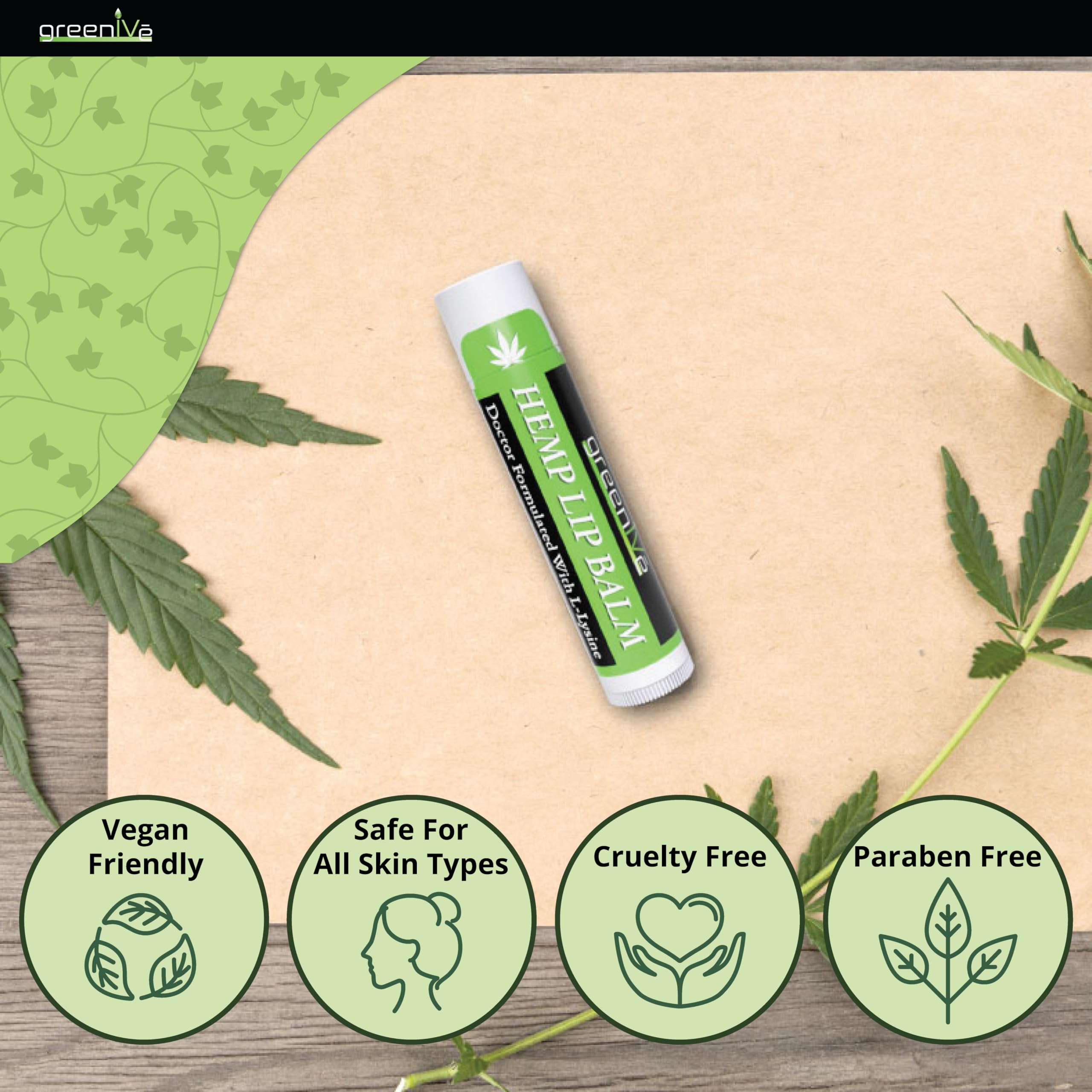 GreenIVe Hemp Lip Balm box packaging close-up conveys handcrafted care