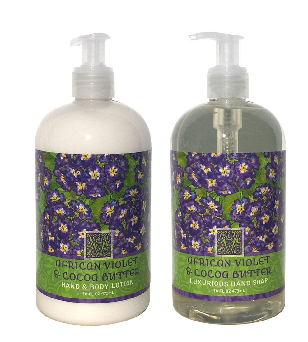Greenwich Bay African Violet Cocoa Butter Hand Lotion pump bottle for daily hydration and floral scent
