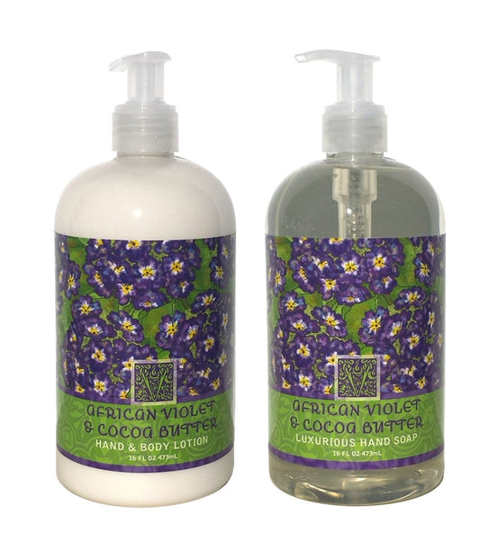 Greenwich Bay African Violet Cocoa Butter Hand Lotion pump bottle for daily hydration and floral scent