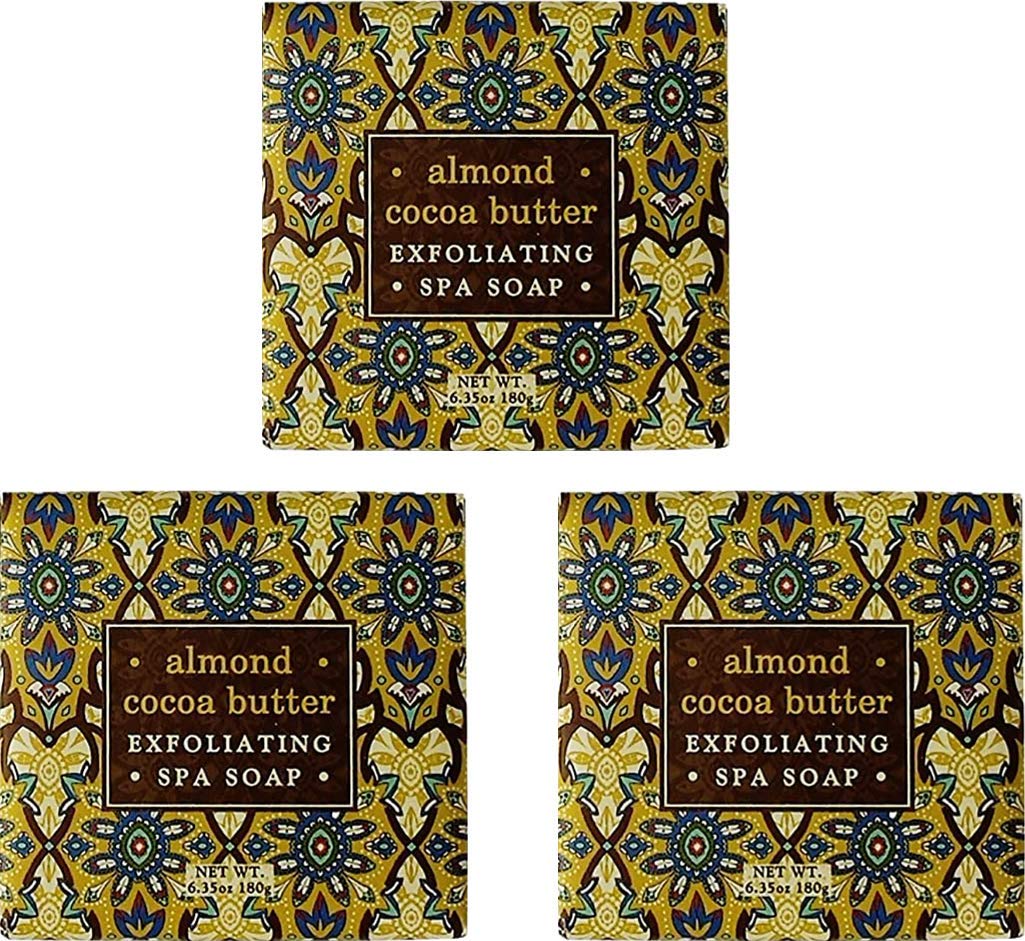 Greenwich Bay Almond and Cocoa Exfoliating Spa Soap bar texture with cocoa bean shells for gentle renewal.