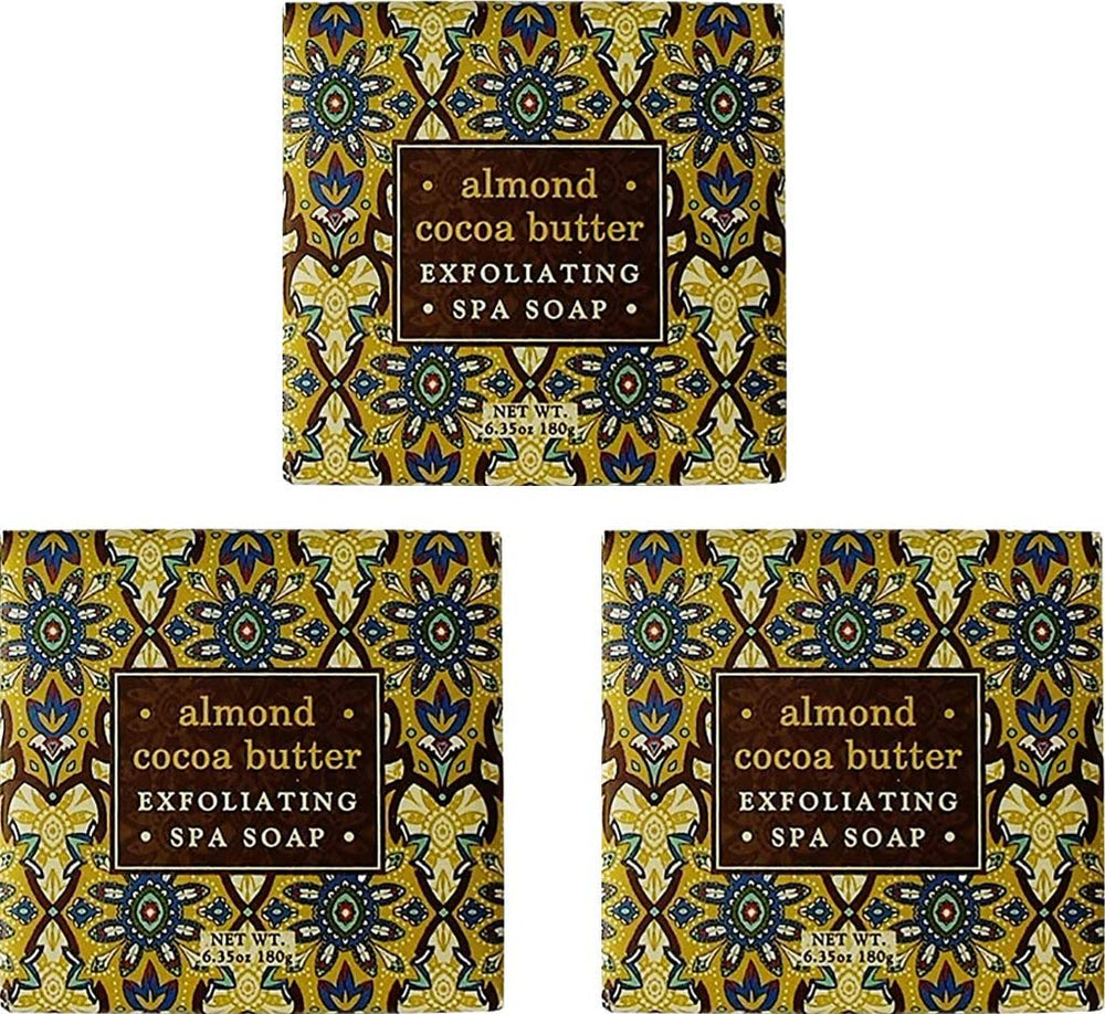 Greenwich Bay Almond and Cocoa Exfoliating Spa Soap bar texture with cocoa bean shells for gentle renewal.