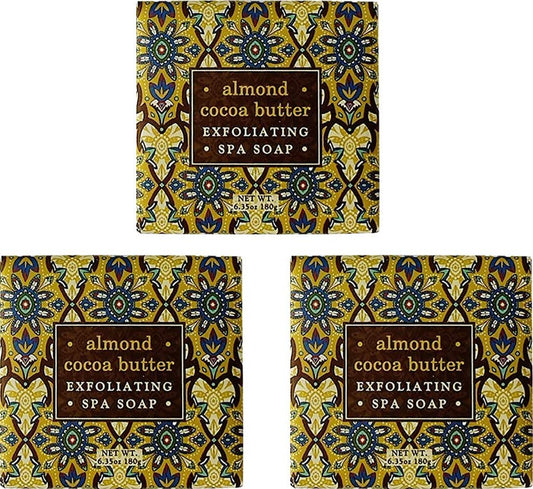Greenwich Bay Almond and Cocoa Exfoliating Spa Soap bar texture with cocoa bean shells for gentle renewal.