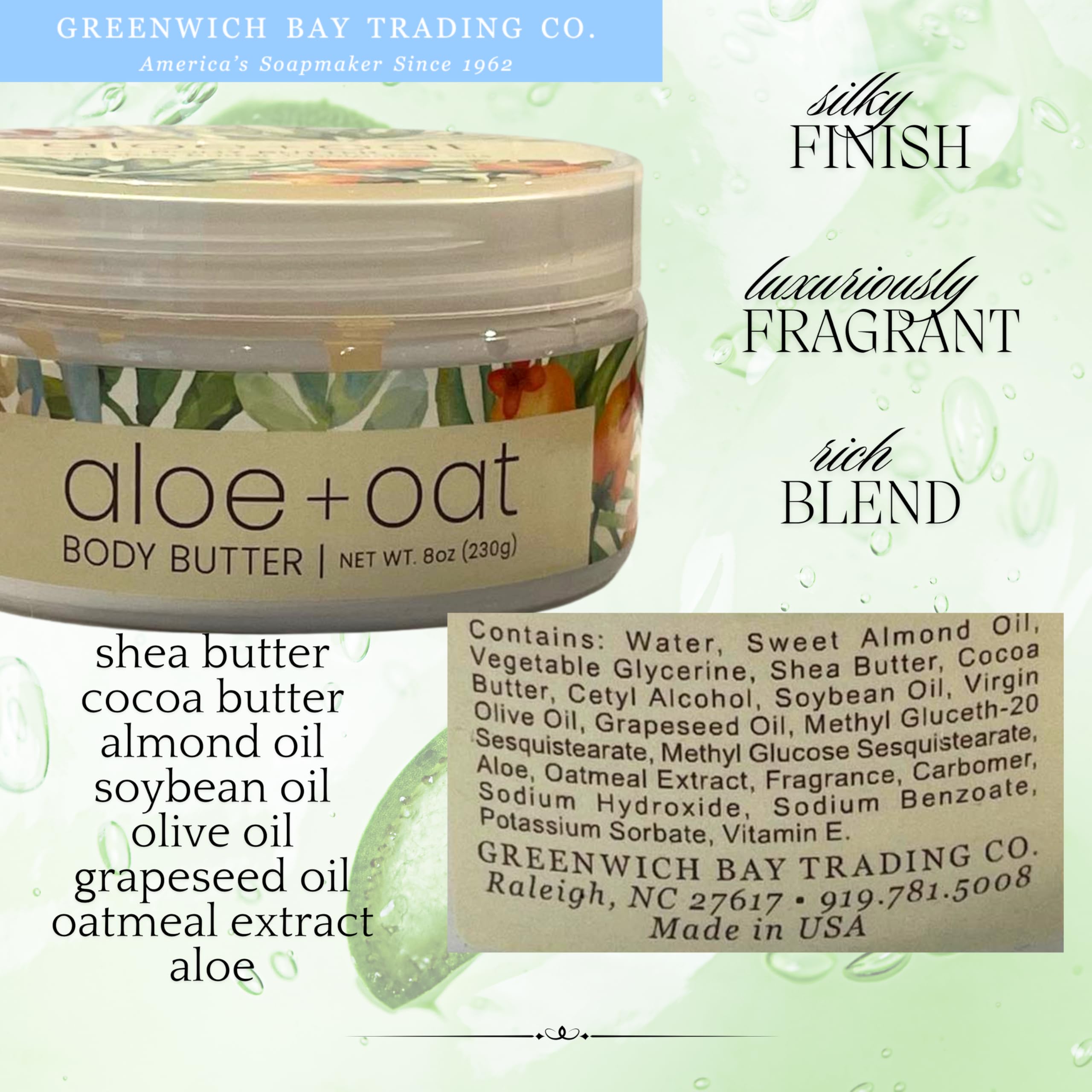 Greenwich Bay Aloe Oat Body Butter jar closeup shows rich texture and nourishment