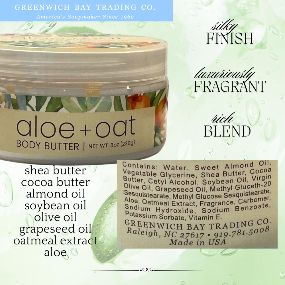 Greenwich Bay Aloe Oat Body Butter jar closeup shows rich texture and nourishment