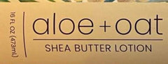 Label close-up of Greenwich Bay Aloe + Oat Hand Lotion highlighting ingredients