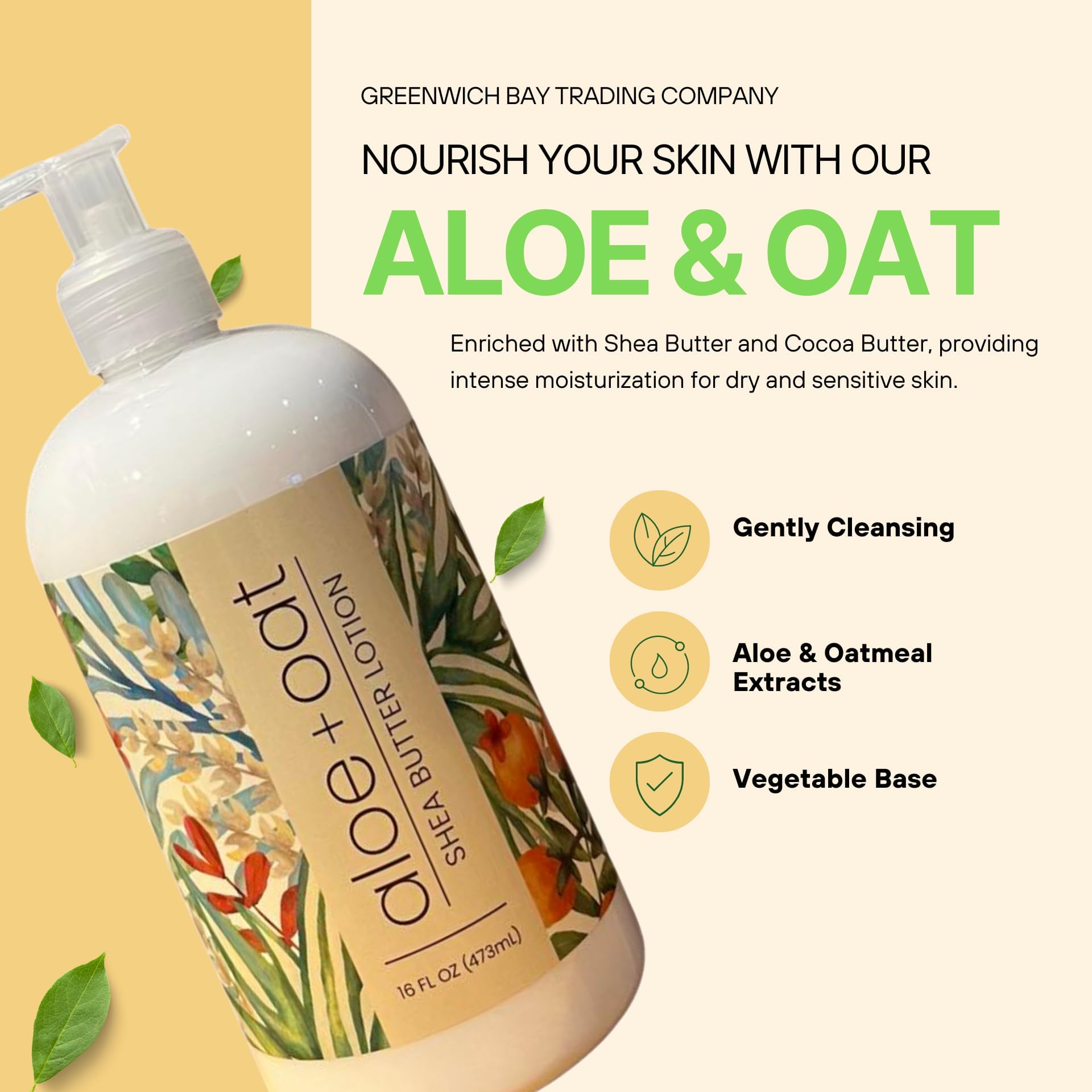 Greenwich Bay Aloe + Oat Hand Lotion 16 oz bottle in kitchen or bathroom