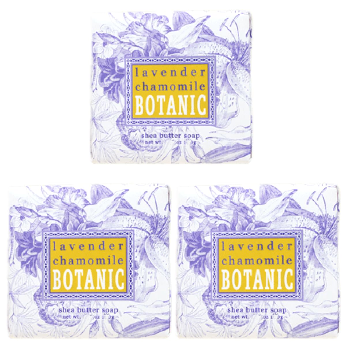 Greenwich Bay Botanic Lavender Chamomile soap 3-pack, moisturizing, inviting fragrance for daily bathing.