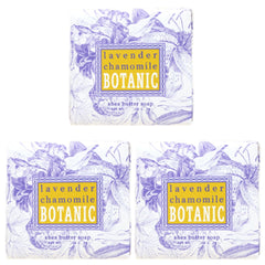 Greenwich Bay Botanic Lavender Chamomile soap 3-pack, moisturizing, inviting fragrance for daily bathing.