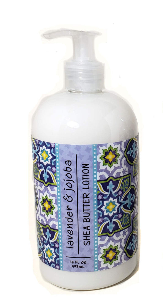 Greenwich Bay Lavender and Jojoba shea butter lotion in a 16 oz bottle with rich botanicals.