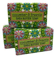 Greenwich Bay Garden Shea Cucumber bar with oatmeal exfoliation for a refreshing cleanse.