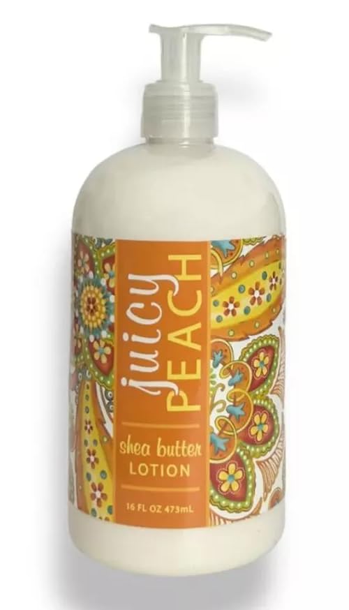 Greenwich Bay Juicy Peach lotion bottle with luxurious shea butter hydration and fragrance
