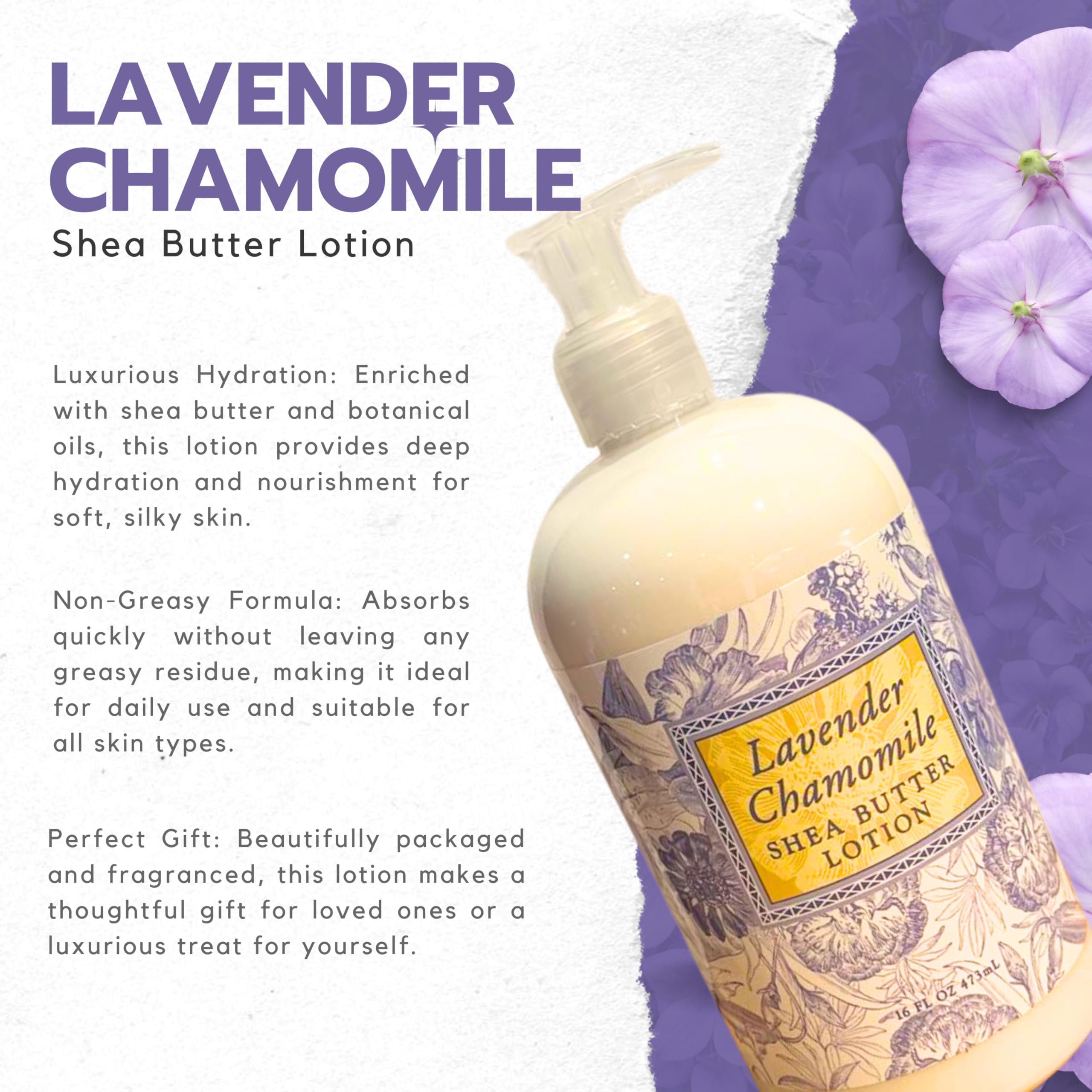 Greenwich Bay Lavender Chamomile Lotion close-up showing creamy texture and spa-like feel.