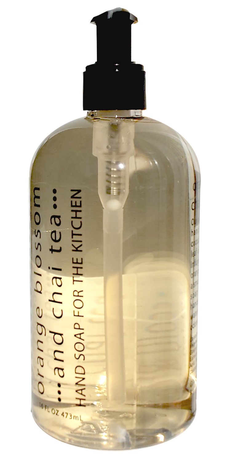 Greenwich Bay Orange Blossom Chai Tea Hand Soap at kitchen sink; removes odors and moisturizes skin.