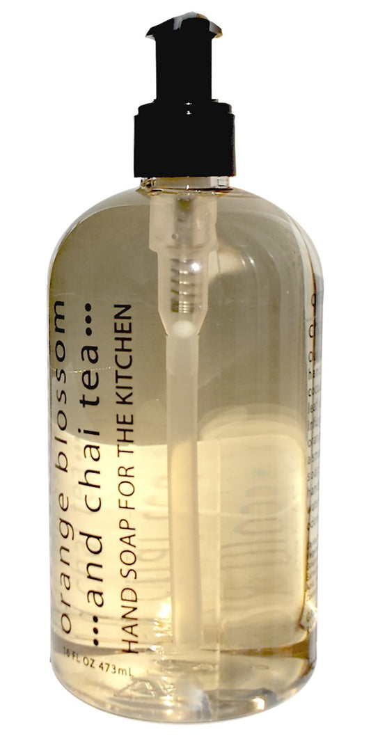 Greenwich Bay Orange Blossom Chai Tea Hand Soap at kitchen sink; removes odors and moisturizes skin.