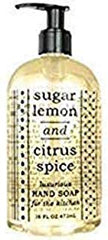 Greenwich Bay Sugar Lemon hand soap bottle in a kitchen setting, delivering a fresh scent.