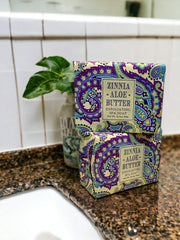 Greenwich Bay Zinnia & Aloe Butter Soap bar pack — delicate fragrance and gentle hydration.