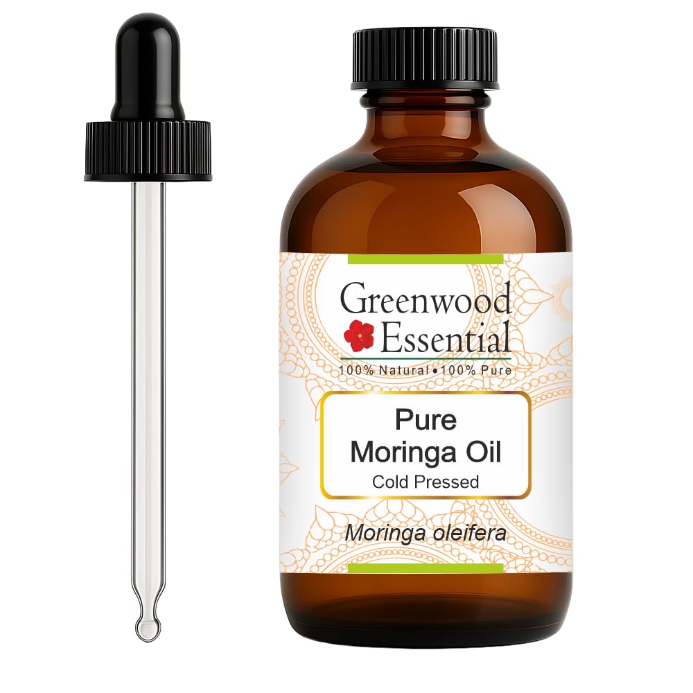Greenwood Essential Pure Moringa Oil bottle close-up, highlighting pure carrier oil for all-season skincare.