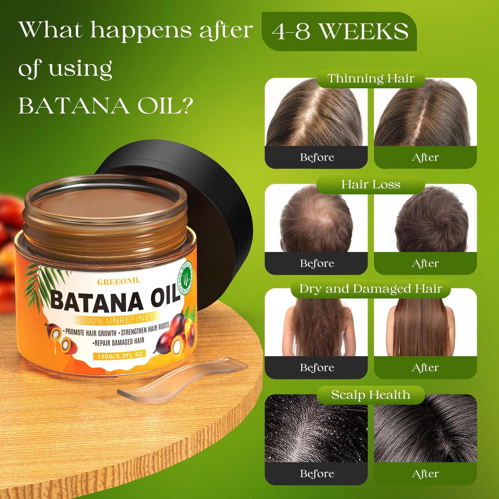 GREEONIL Batana Oil application scene, showing even distribution for deeper nourishment.