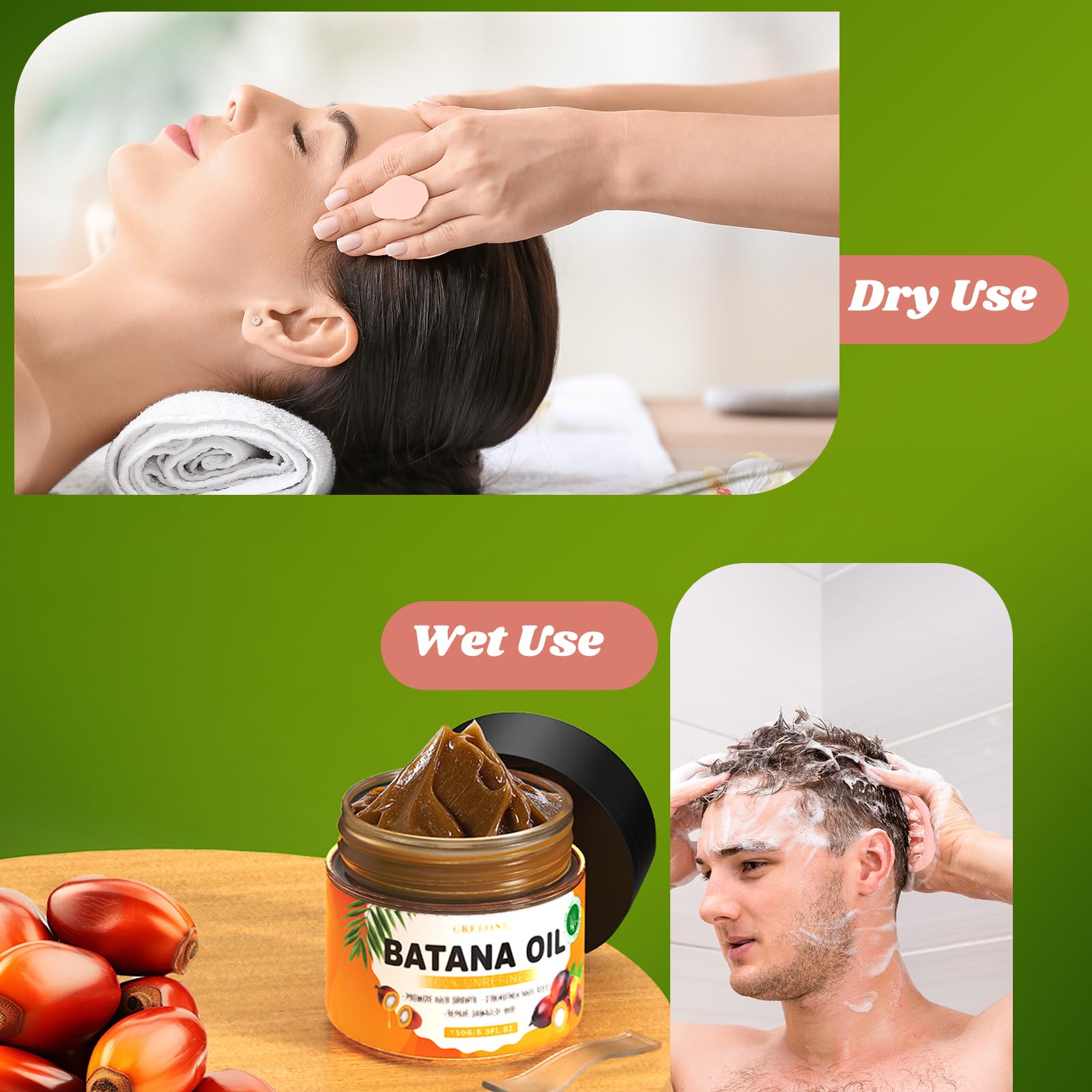 GREEONIL Batana Oil in a bathroom setup, suggesting a premium, natural hair care ritual.