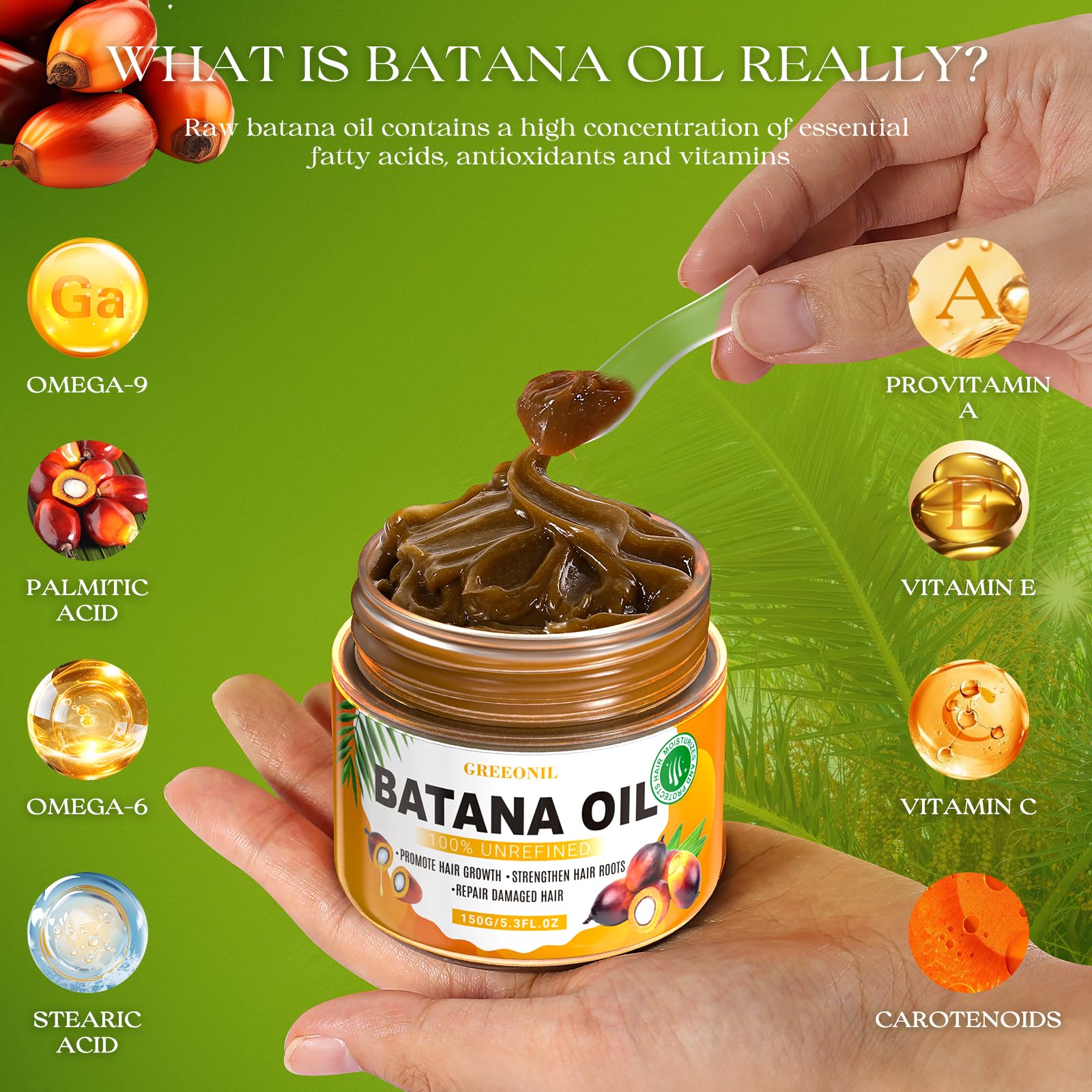 GREEONIL Batana Oil ingredients close-up with natural nutrients and antioxidants