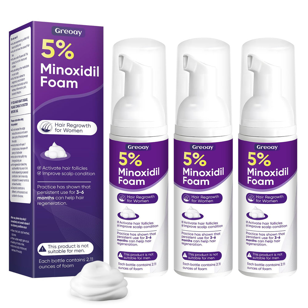 Greoay 5% Minoxidil foam bottle shown for hair support and easy daily use