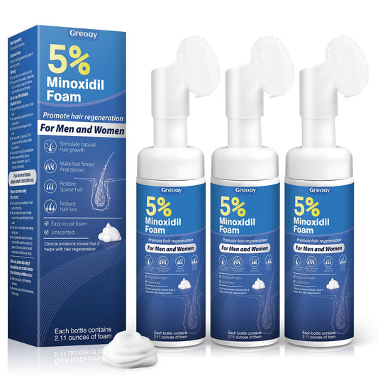 Greoay 5% Minoxidil foam bottle promotes scalp health and hair vitality.