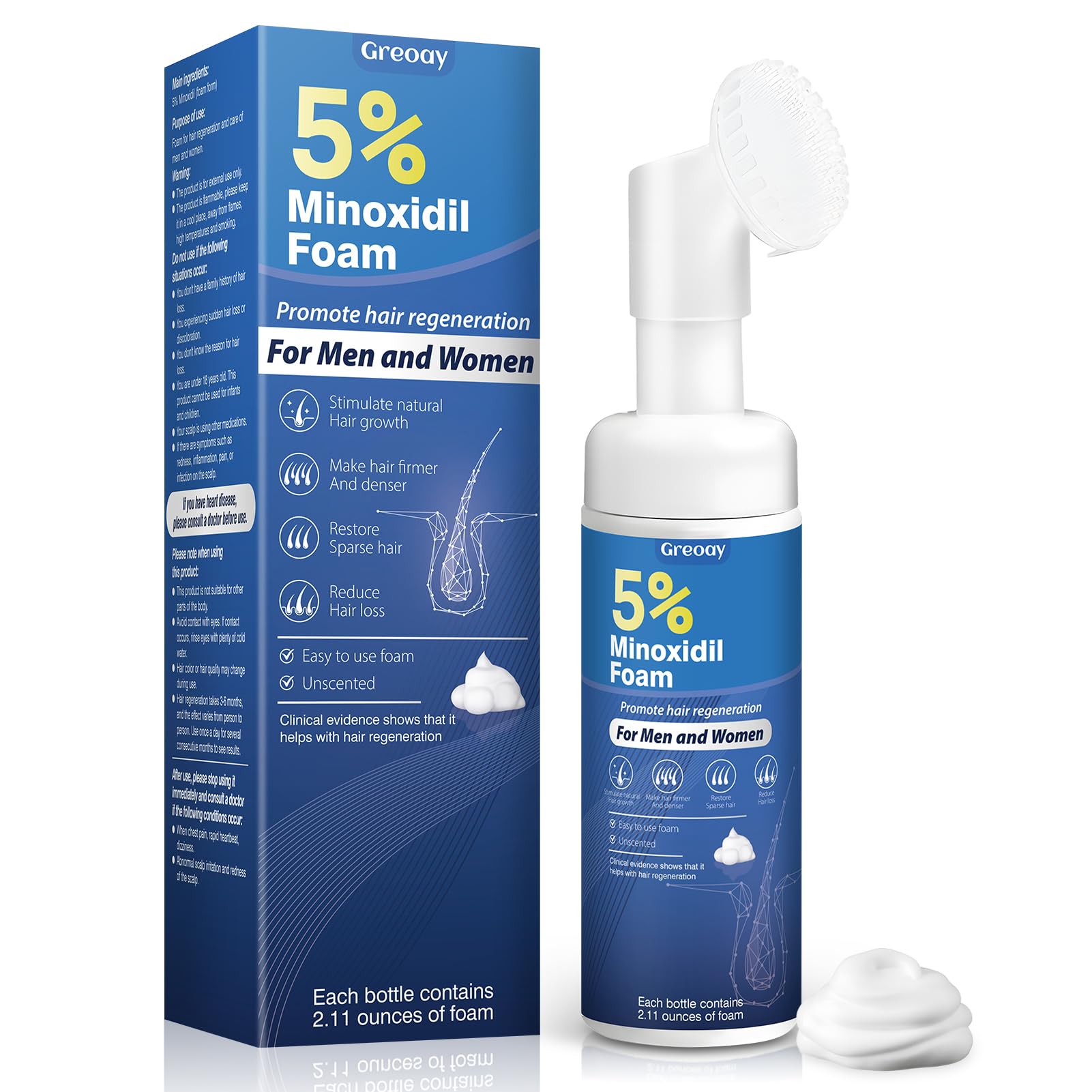 Greoay minoxidil foam bottle on table for easy daily application.