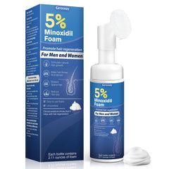 Greoay minoxidil foam bottle on table for easy daily application.