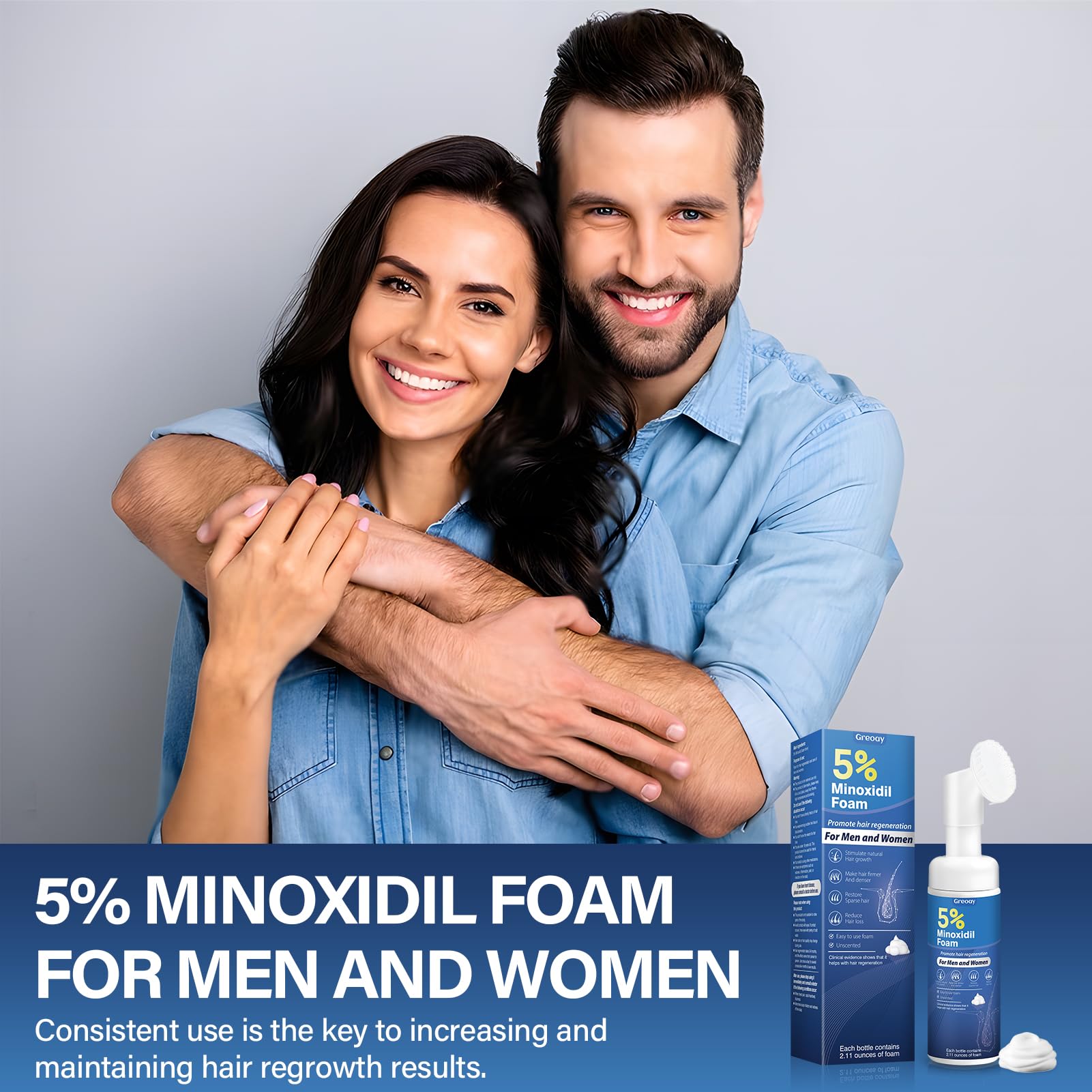 Greoay minoxidil foam being applied to scalp during routine.