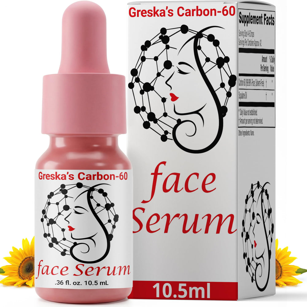 Greska's Carbon-60 serum bottle offering quick-absorbing hydration and antioxidant protection.