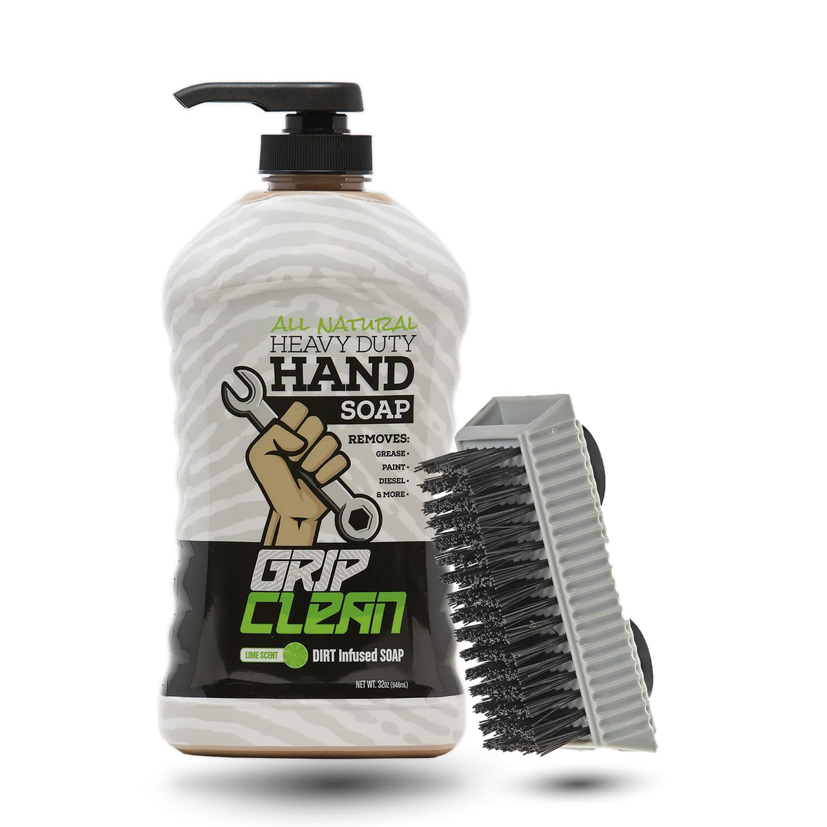 Grip Clean heavy-duty hand cleaner bottle pouring to show quick grease removal