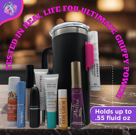 Grippy Lippy purple holder organizes gloss and balm for on-the-go use.