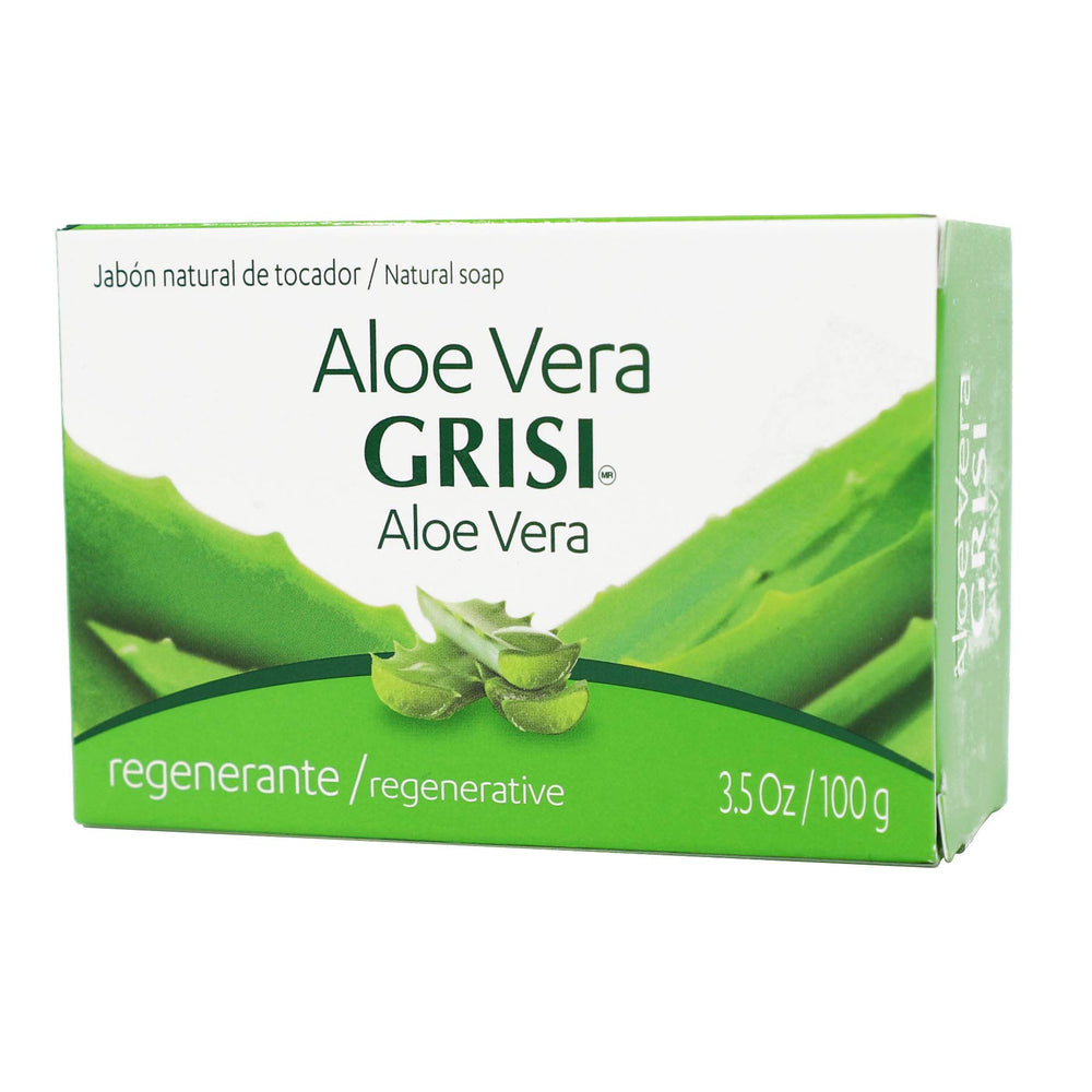 Grisi Aloe Vera Soap bars close-up highlights natural aloe extract soothing skin.
