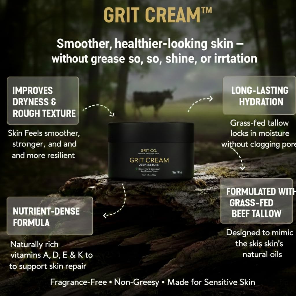 Texture close-up of GRIT CREAM; rich, non-greasy feel for all-day use.