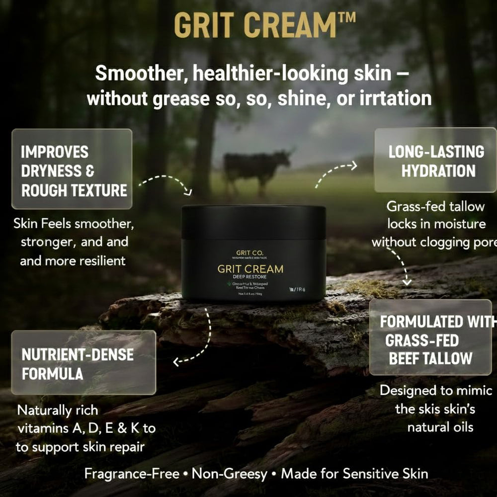Texture close-up of GRIT CREAM; rich, non-greasy feel for all-day use.