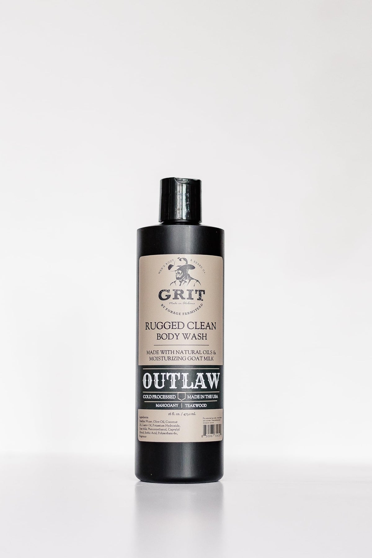GRIT Goat Milk Body Wash Outlaw bottle delivering a refreshing cleanse with rich, masculine lather.