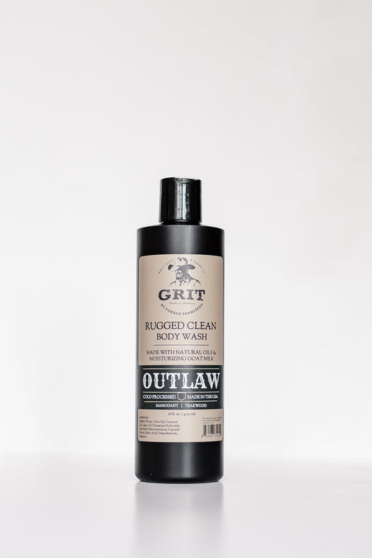 GRIT Goat Milk Body Wash Outlaw bottle delivering a refreshing cleanse with rich, masculine lather.