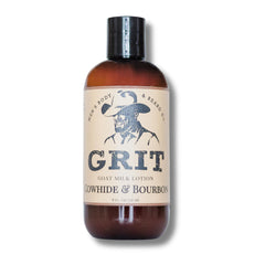 GRIT Goat Milk Lotion cowhide bourbon bottle provides non-greasy hydration for daily use.