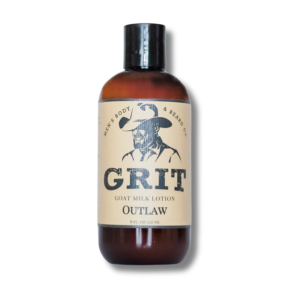 GRIT Goat Milk Lotion Outlaw bottle showcased for fast absorption and lasting hydration.