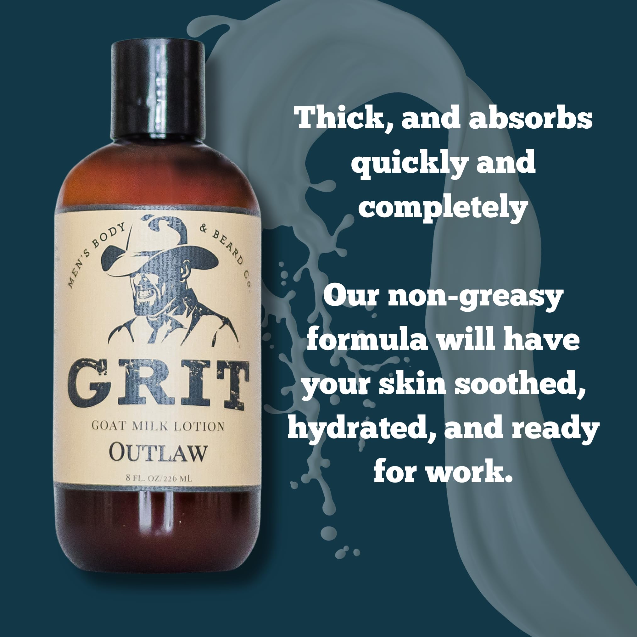 GRIT Goat Milk Lotion Outlaw packaging highlights USA-made quality and care.